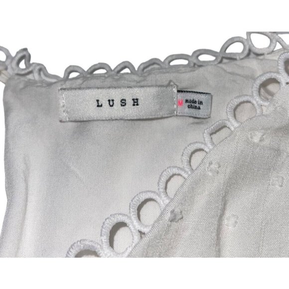 Lush Womens Mini Dress Size Medium White Swiss Dot Crochet Inset Loop Trim - Picture 3 of 9